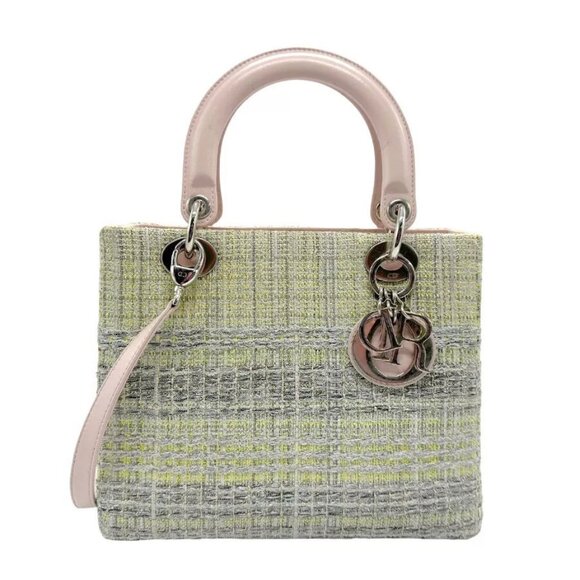 Auth Christian Dior Lady Dior Handbag Shoulder Bag Green Yellow Tweed - Picture 1 of 14